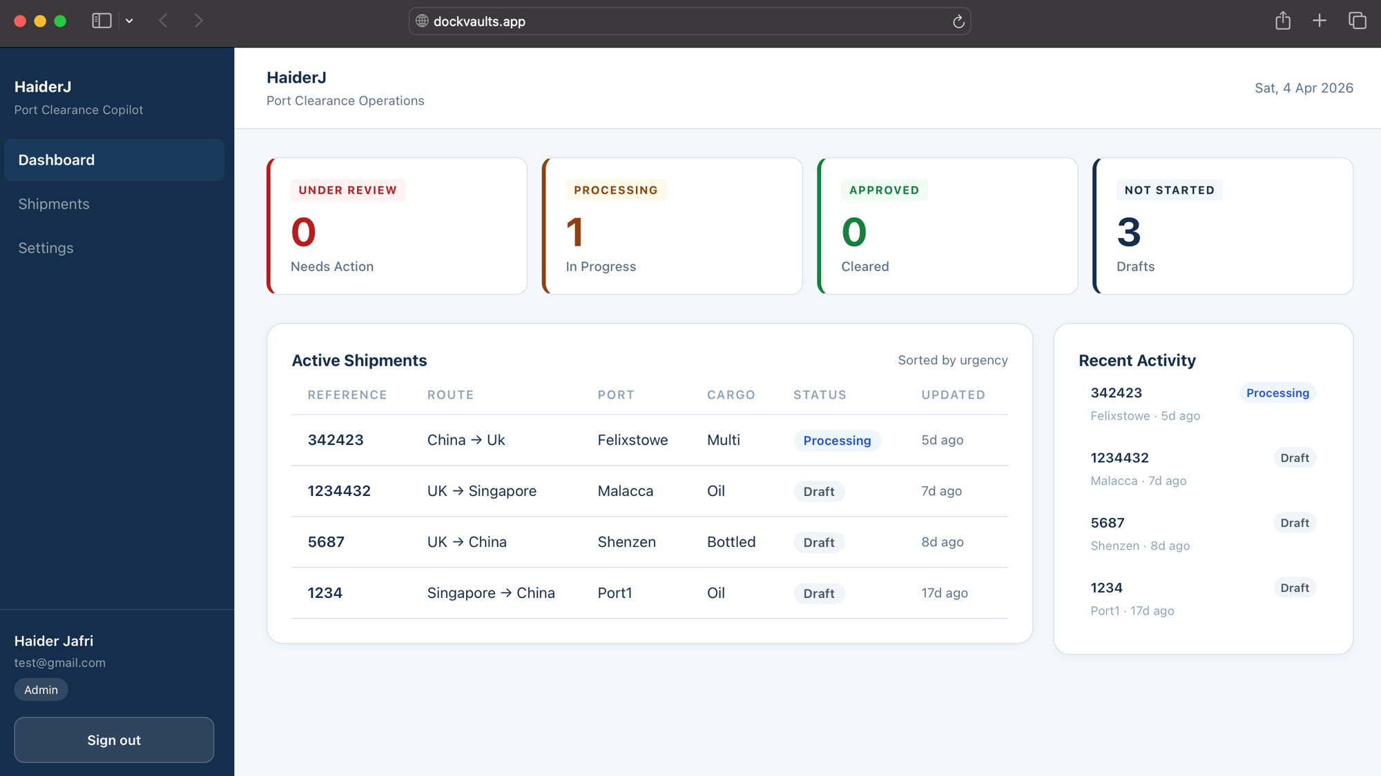 DockVaults dashboard — port clearance operations