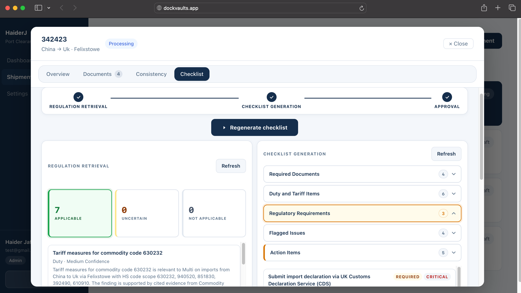 DockVaults checklist — regulation retrieval and compliance generation